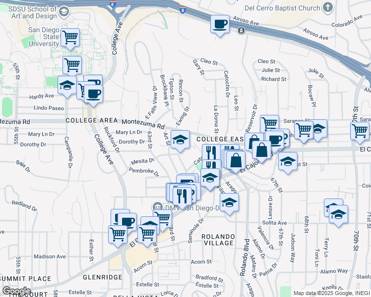 map of restaurants, bars, coffee shops, grocery stores, and more near 6401-6413 Montezuma Road in San Diego