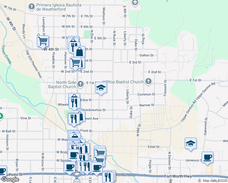 map of restaurants, bars, coffee shops, grocery stores, and more near 907 North Rusk Street in Weatherford