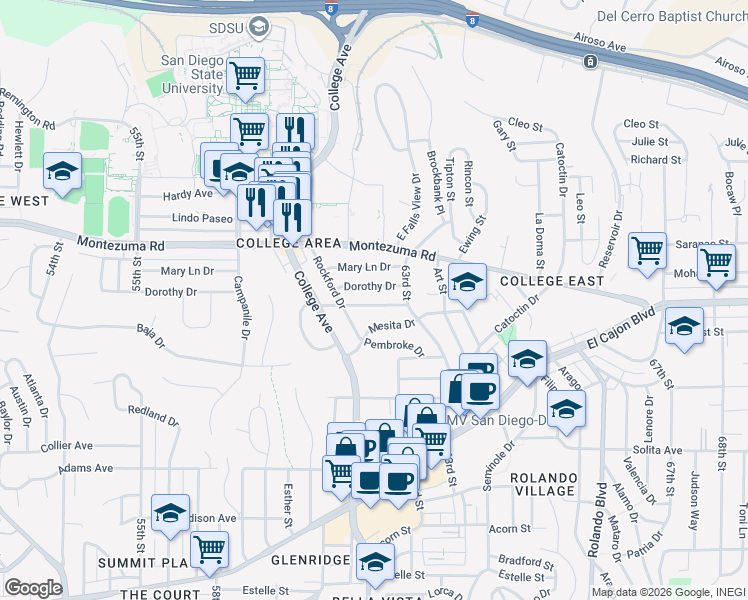 map of restaurants, bars, coffee shops, grocery stores, and more near 6206 Pontiac Street in San Diego