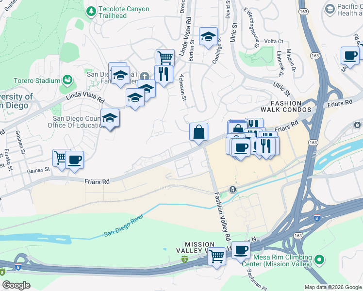 map of restaurants, bars, coffee shops, grocery stores, and more near 6780 Friars Road in San Diego