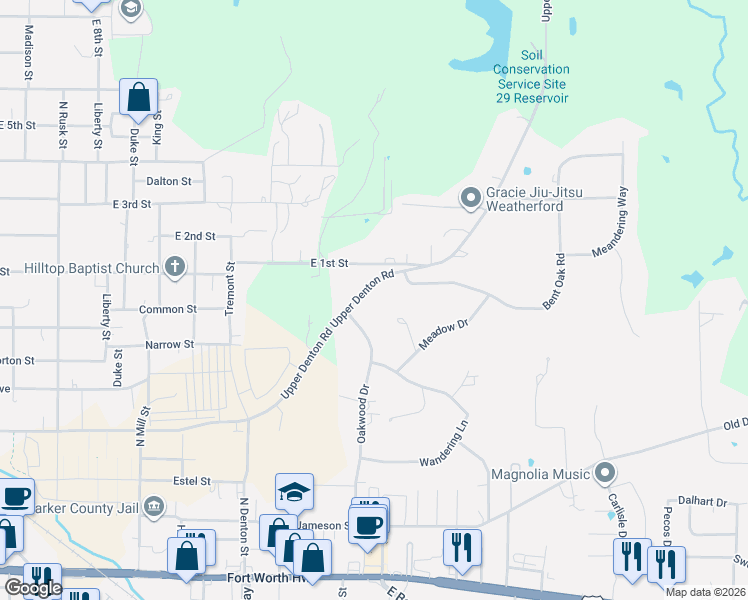 map of restaurants, bars, coffee shops, grocery stores, and more near 710 Upper Denton Road in Weatherford
