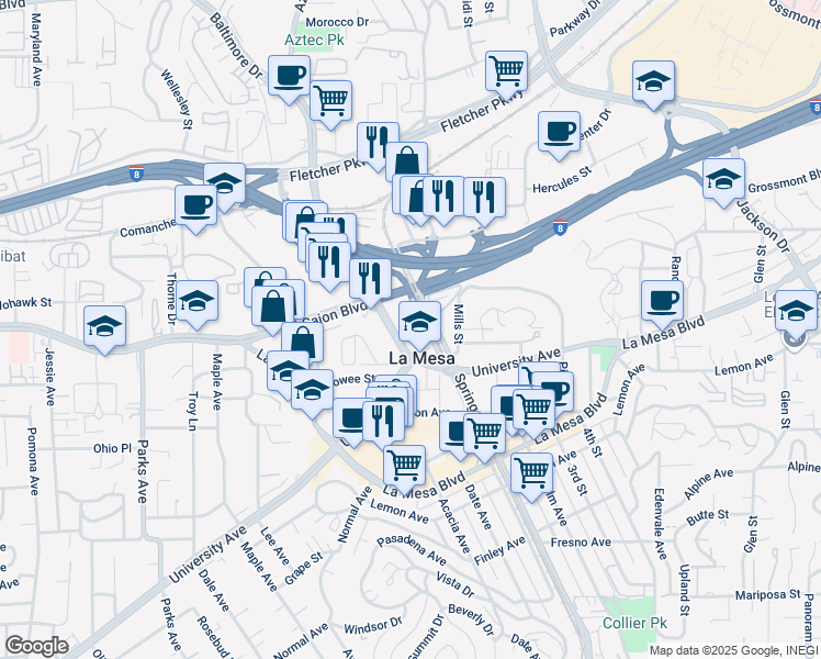 map of restaurants, bars, coffee shops, grocery stores, and more near 4949 Baltimore Drive in La Mesa