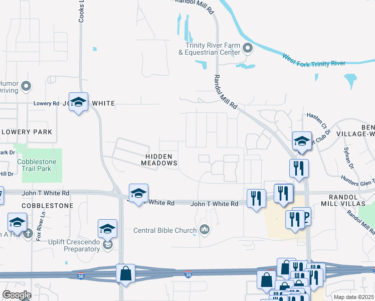 map of restaurants, bars, coffee shops, grocery stores, and more near 729 Buzzard Lake Trail in Fort Worth