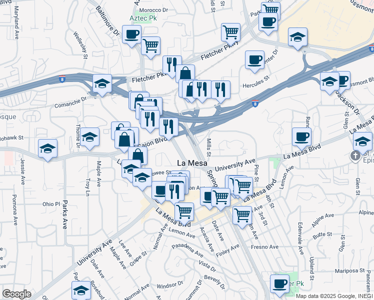 map of restaurants, bars, coffee shops, grocery stores, and more near 4949 Baltimore Drive in La Mesa