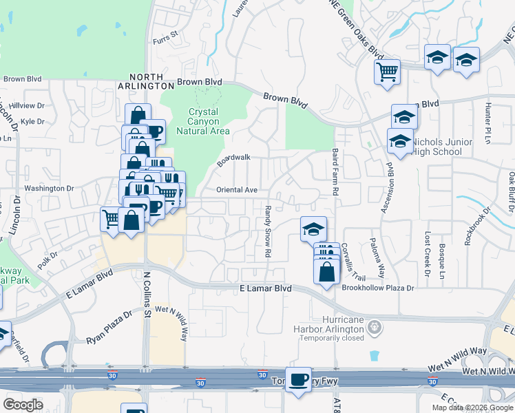 map of restaurants, bars, coffee shops, grocery stores, and more near 2108 Count Fleet Drive in Arlington