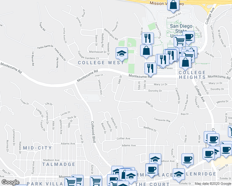 map of restaurants, bars, coffee shops, grocery stores, and more near 54th St & Faber Way in San Diego