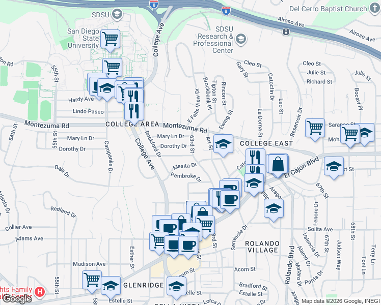 map of restaurants, bars, coffee shops, grocery stores, and more near 5011 63rd Street in San Diego