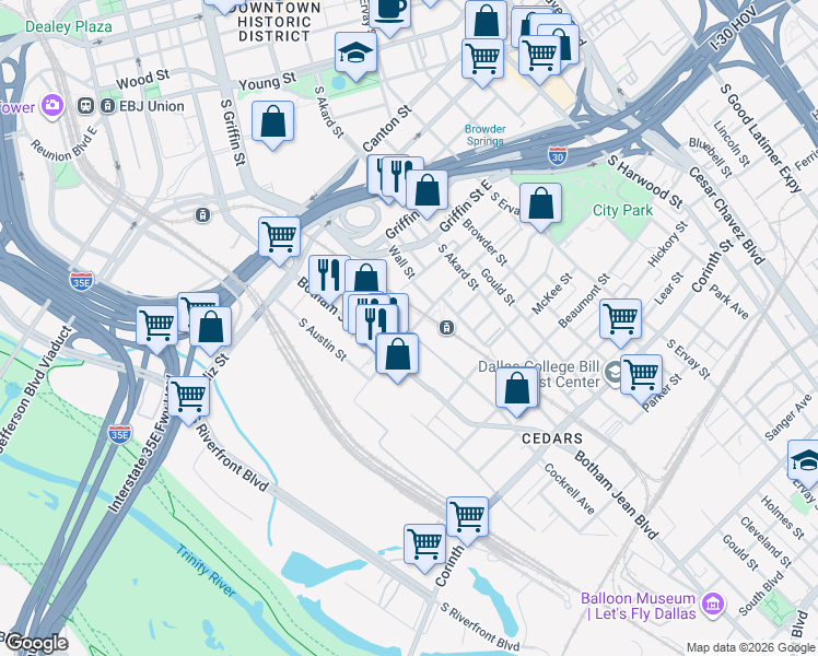 map of restaurants, bars, coffee shops, grocery stores, and more near 1001 Belleview Street in Dallas