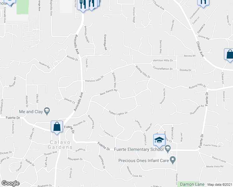 map of restaurants, bars, coffee shops, grocery stores, and more near 5005 New Ranch Road in El Cajon