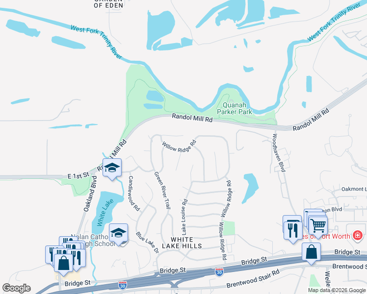 map of restaurants, bars, coffee shops, grocery stores, and more near 201 Willow Ridge Road in Fort Worth