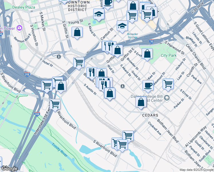 map of restaurants, bars, coffee shops, grocery stores, and more near 1290 Botham Jean Boulevard in Dallas