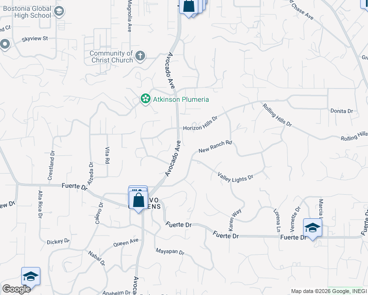 map of restaurants, bars, coffee shops, grocery stores, and more near 1885 Avocado Avenue in El Cajon