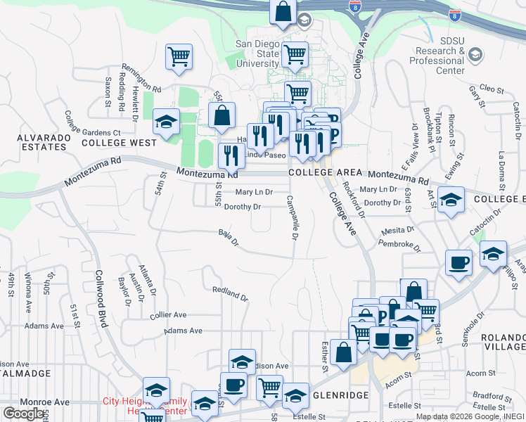 map of restaurants, bars, coffee shops, grocery stores, and more near 5628 Dorothy Drive in San Diego