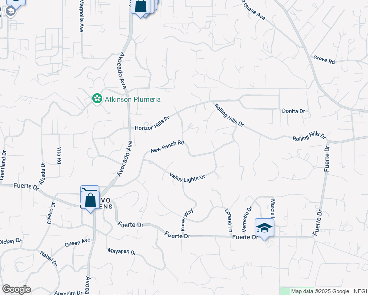 map of restaurants, bars, coffee shops, grocery stores, and more near 5005 New Ranch Road in El Cajon
