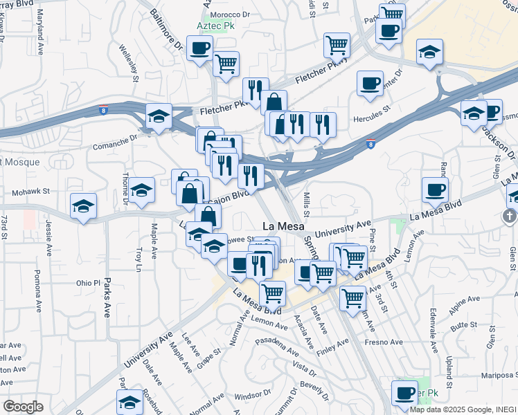 map of restaurants, bars, coffee shops, grocery stores, and more near 4949 Baltimore Drive in La Mesa