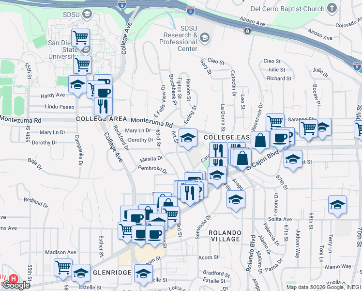 map of restaurants, bars, coffee shops, grocery stores, and more near 5027 Art Street in San Diego