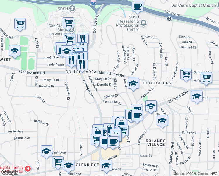 map of restaurants, bars, coffee shops, grocery stores, and more near 6205 Dorothy Drive in San Diego