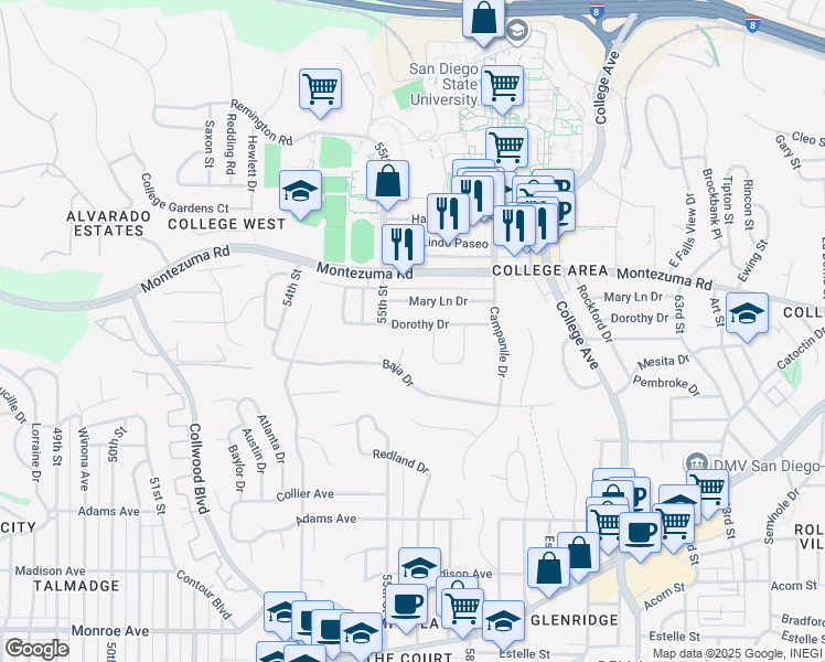 map of restaurants, bars, coffee shops, grocery stores, and more near 5531 Dorothy Drive in San Diego