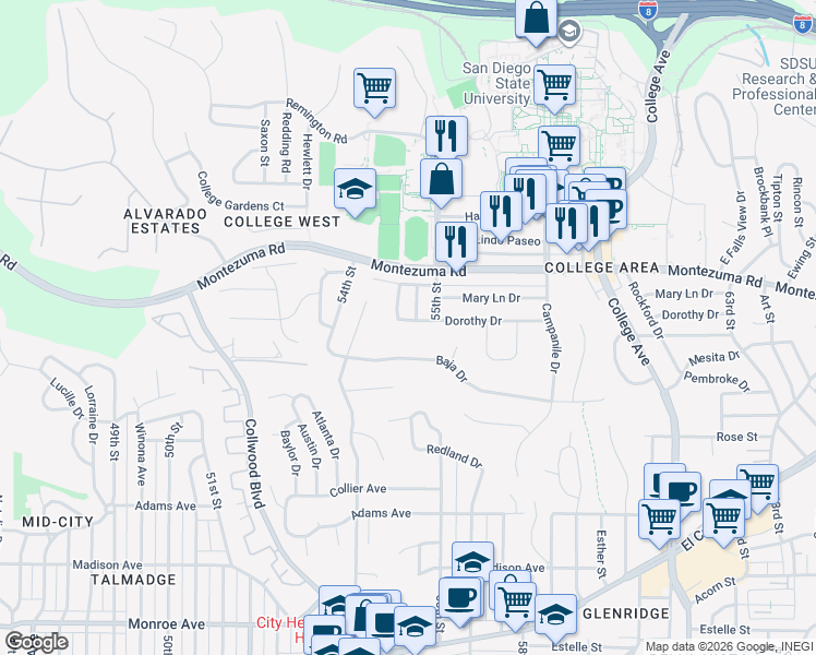 map of restaurants, bars, coffee shops, grocery stores, and more near 5050 Debby Drive in San Diego