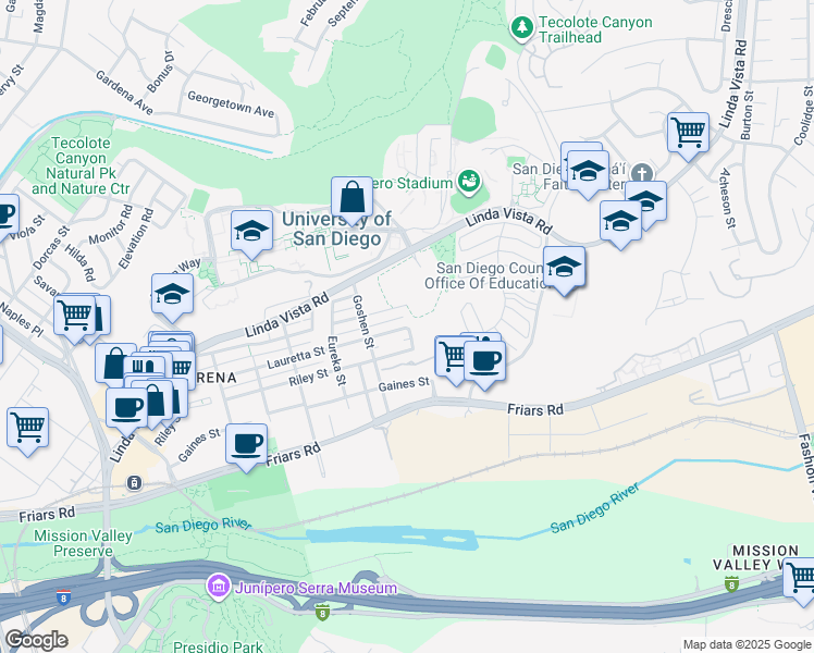 map of restaurants, bars, coffee shops, grocery stores, and more near 5978 Lauretta Street in San Diego