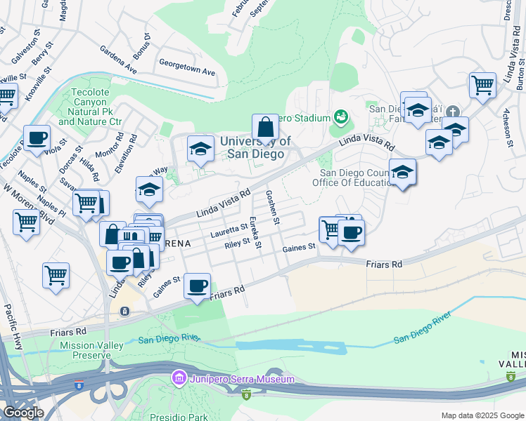 map of restaurants, bars, coffee shops, grocery stores, and more near 5800 Mildred Street in San Diego