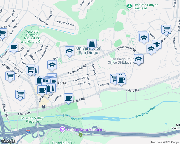 map of restaurants, bars, coffee shops, grocery stores, and more near 5800 Mildred Street in San Diego