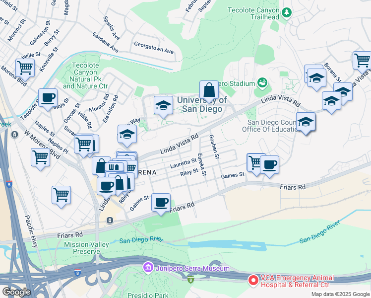 map of restaurants, bars, coffee shops, grocery stores, and more near 5725 Linda Vista Road in San Diego
