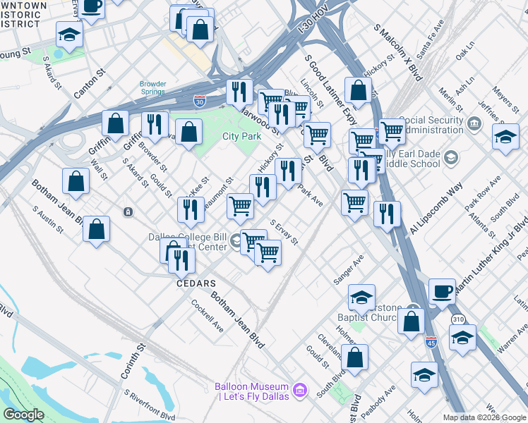 map of restaurants, bars, coffee shops, grocery stores, and more near 1722 Corinth Street in Dallas