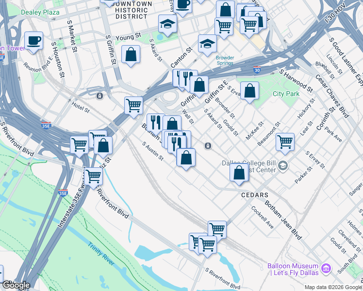 map of restaurants, bars, coffee shops, grocery stores, and more near 1290 Botham Jean Boulevard in Dallas