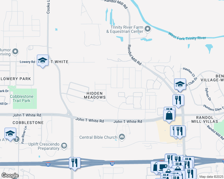 map of restaurants, bars, coffee shops, grocery stores, and more near 729 Buzzard Lake Trail in Fort Worth