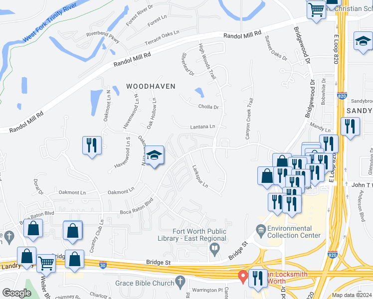 map of restaurants, bars, coffee shops, grocery stores, and more near 6120 Quail Wood Court in Fort Worth