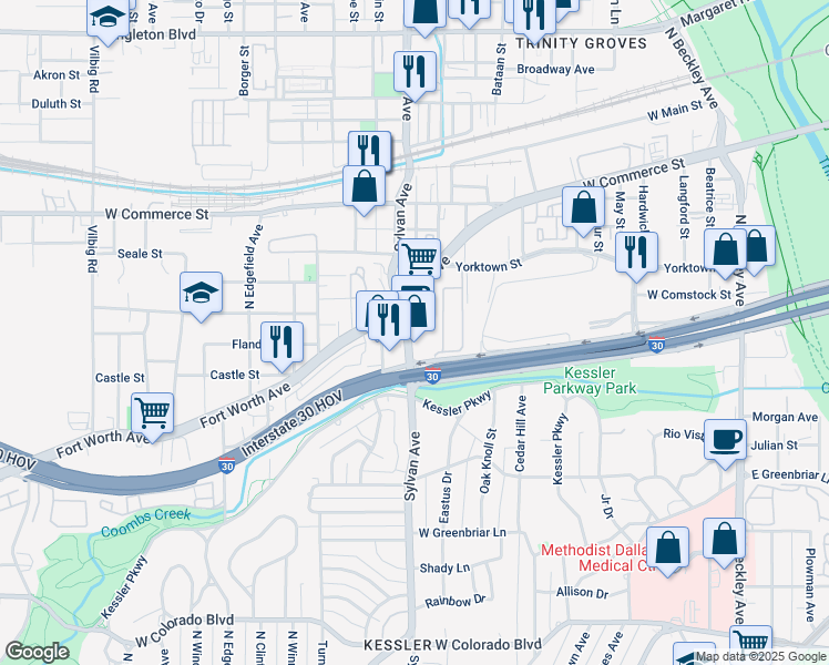 map of restaurants, bars, coffee shops, grocery stores, and more near 1808 Sylvan Avenue in Dallas