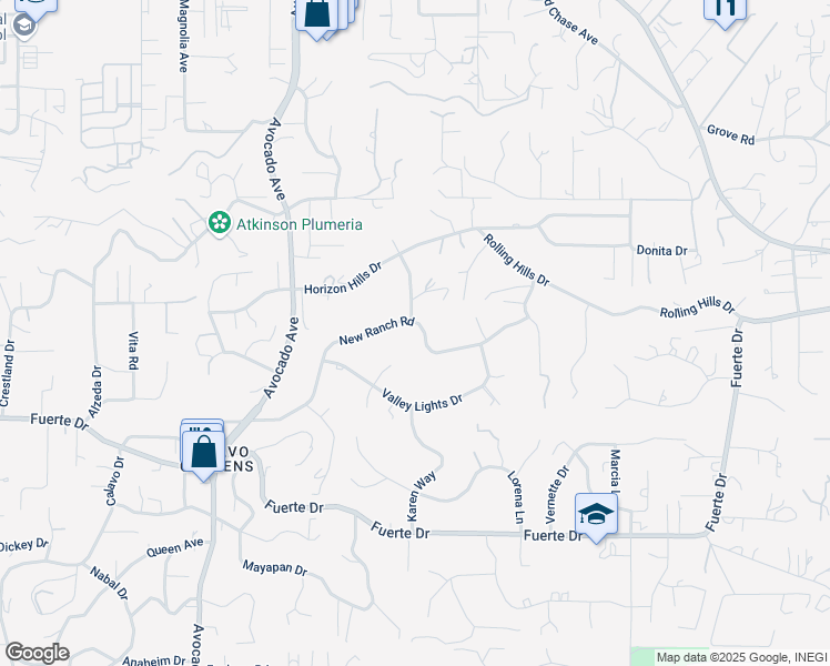 map of restaurants, bars, coffee shops, grocery stores, and more near 5005 New Ranch Road in El Cajon