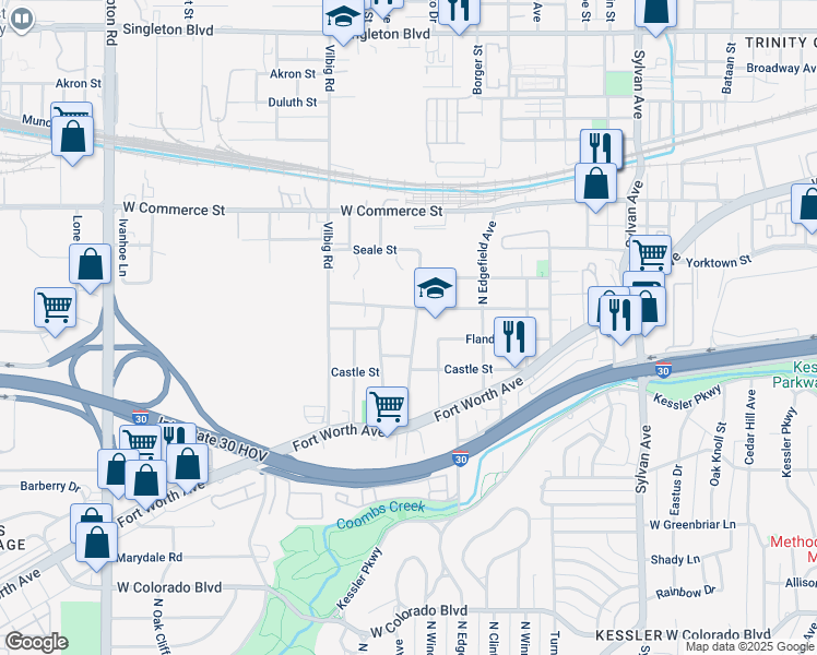 map of restaurants, bars, coffee shops, grocery stores, and more near 1400 Walmsley Avenue in Dallas