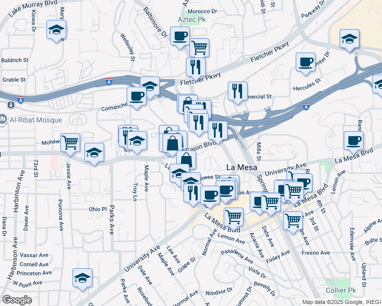 map of restaurants, bars, coffee shops, grocery stores, and more near 4979 Clearview Way in La Mesa