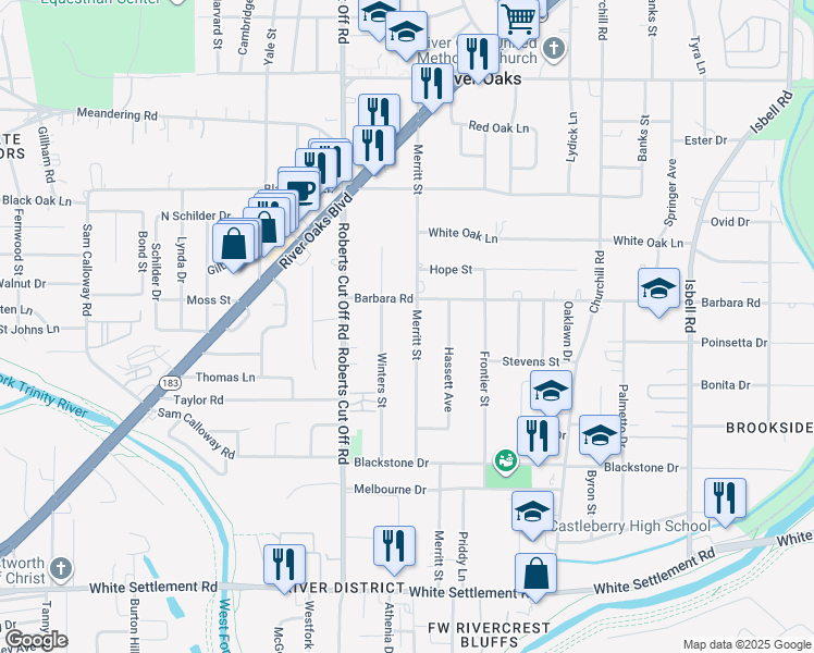 map of restaurants, bars, coffee shops, grocery stores, and more near 612 Winters Street in River Oaks
