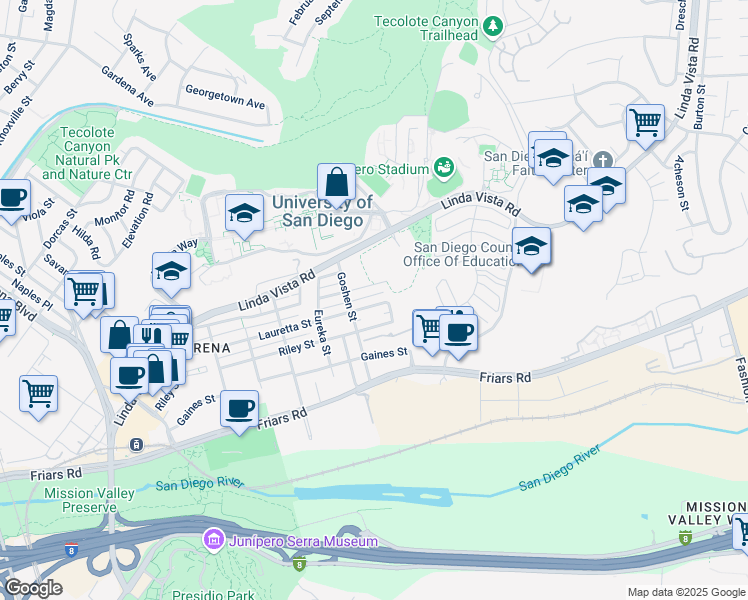 map of restaurants, bars, coffee shops, grocery stores, and more near 5978 Lauretta Street in San Diego