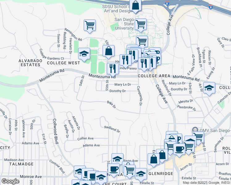 map of restaurants, bars, coffee shops, grocery stores, and more near 5531 Dorothy Drive in San Diego