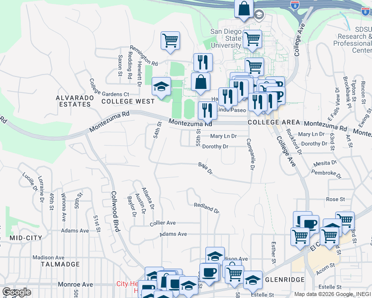 map of restaurants, bars, coffee shops, grocery stores, and more near 5050 Debby Drive in San Diego