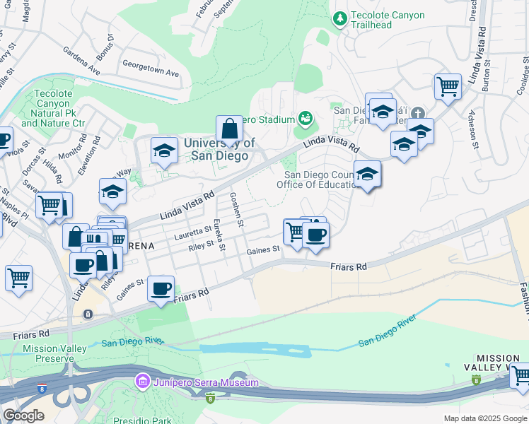 map of restaurants, bars, coffee shops, grocery stores, and more near 5978 Lauretta Street in San Diego