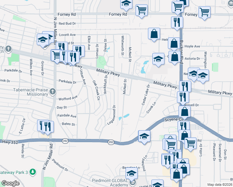 map of restaurants, bars, coffee shops, grocery stores, and more near 3526 Loganwood Drive in Dallas
