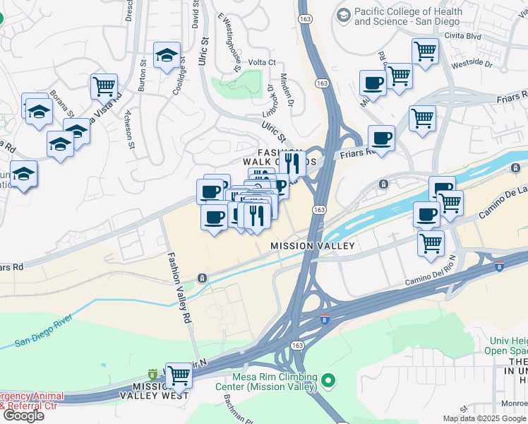 map of restaurants, bars, coffee shops, grocery stores, and more near 7007 West Fashion Valley in San Diego