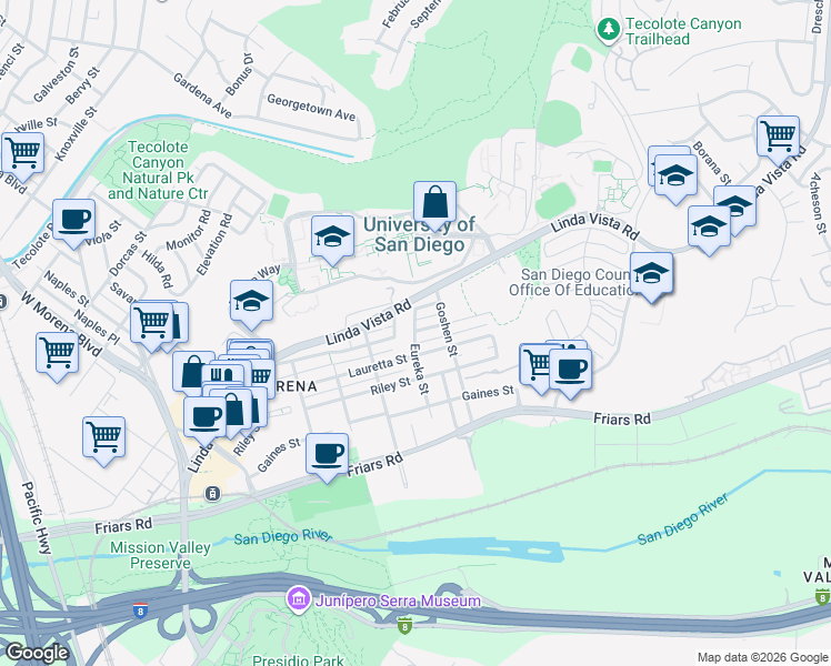 map of restaurants, bars, coffee shops, grocery stores, and more near Mildred Street & Eureka Street in San Diego