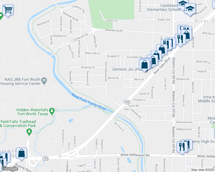map of restaurants, bars, coffee shops, grocery stores, and more near 5936 North Calloway Drive in Fort Worth