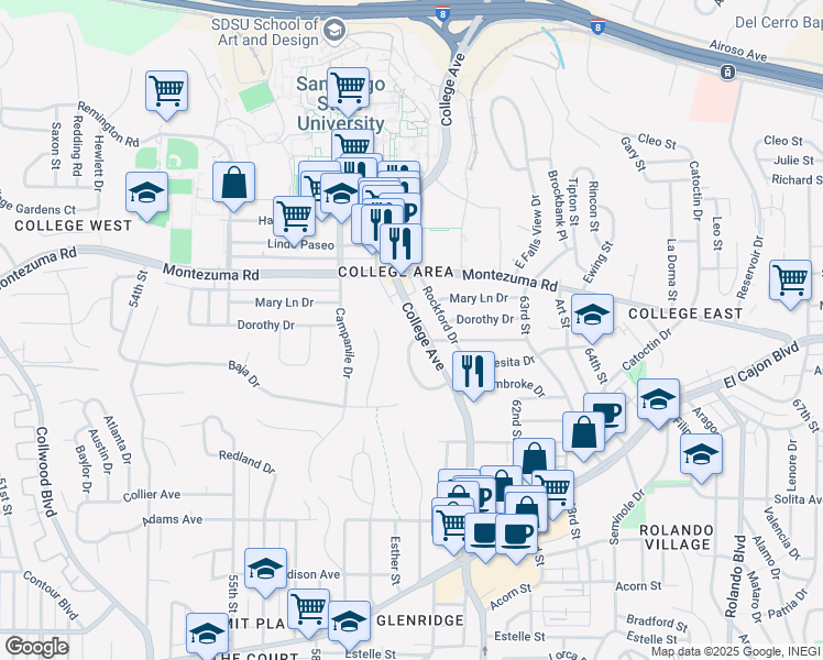map of restaurants, bars, coffee shops, grocery stores, and more near 5020 College Ave in San Diego