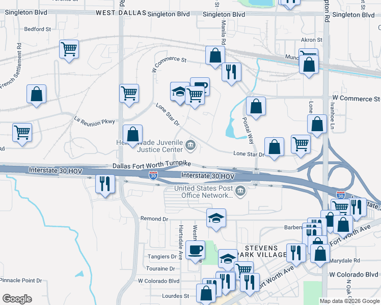 map of restaurants, bars, coffee shops, grocery stores, and more near 2600 Lone Star Drive in Dallas