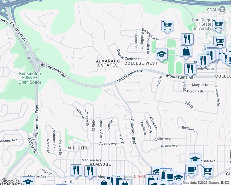 map of restaurants, bars, coffee shops, grocery stores, and more near 13 Collwood Way in San Diego