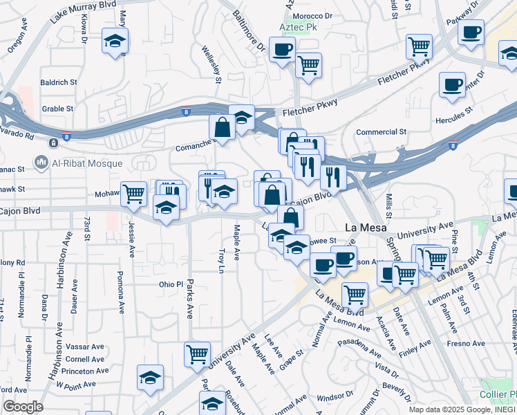 map of restaurants, bars, coffee shops, grocery stores, and more near 7808 El Cajon Boulevard in La Mesa