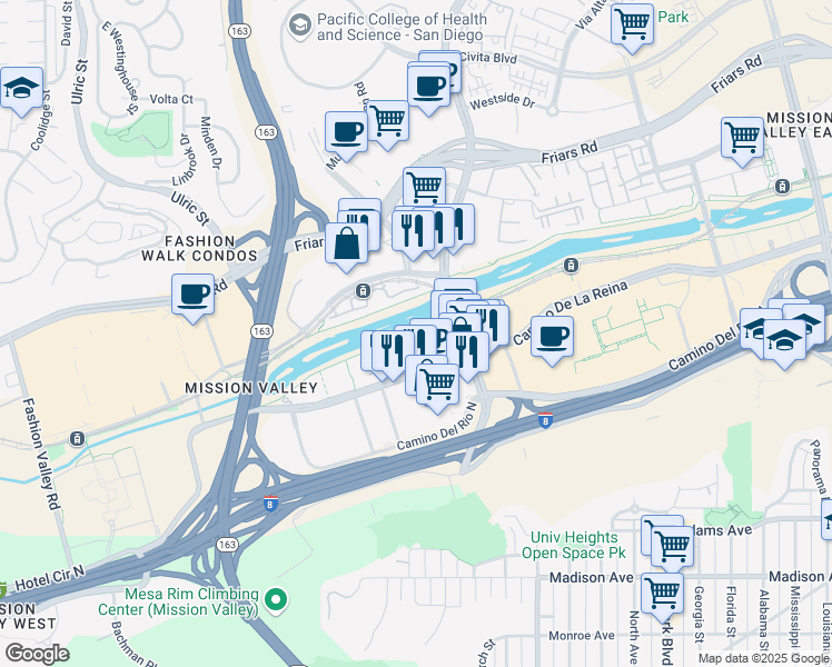 map of restaurants, bars, coffee shops, grocery stores, and more near 918 Camino De La Reina in San Diego