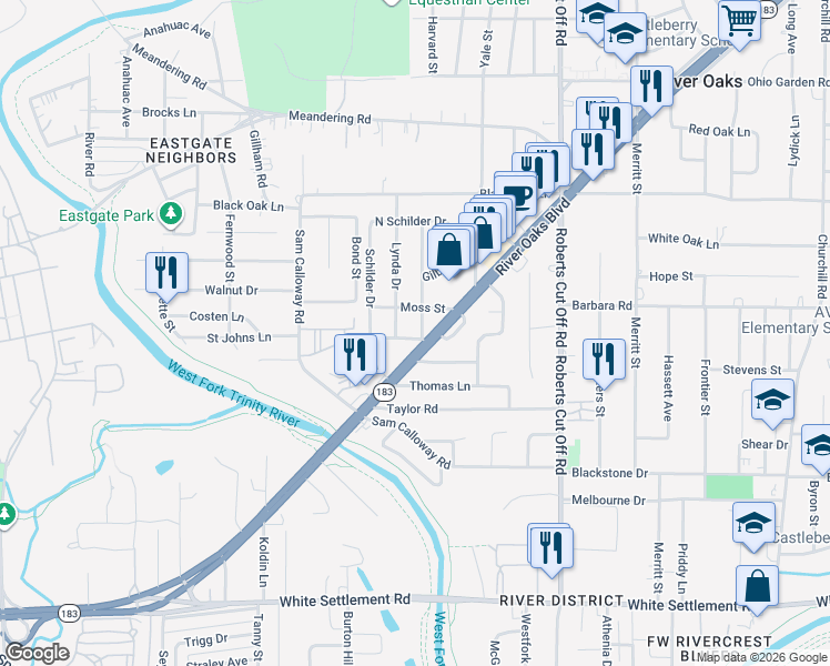 map of restaurants, bars, coffee shops, grocery stores, and more near 5612 South Schilder Drive in River Oaks